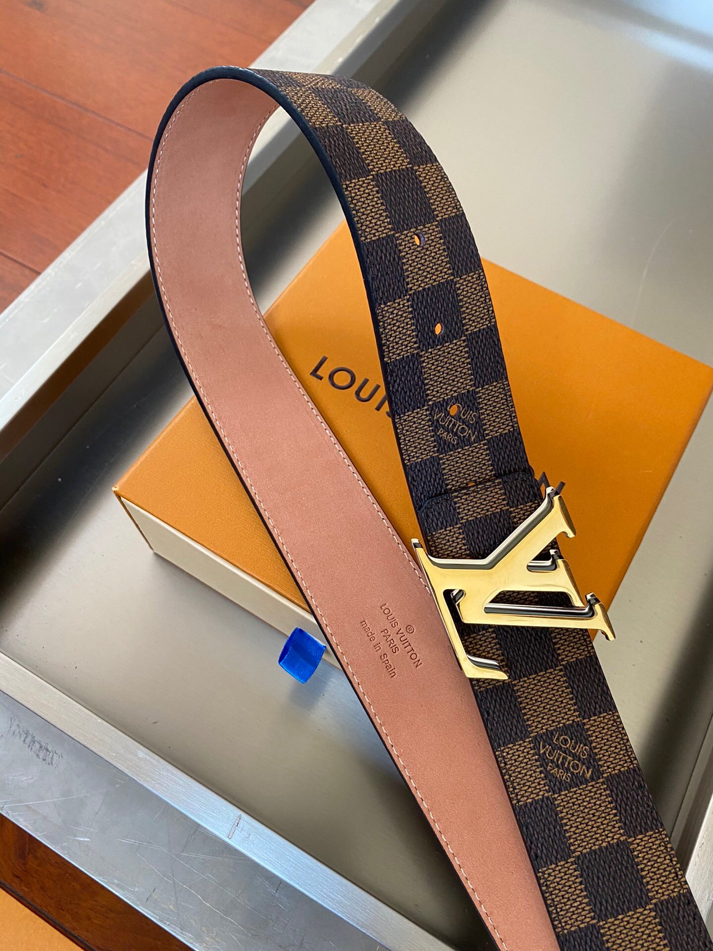 L0vis Vvtt0n Initiales Reversible LV Belt with Damier Ebene Canvas Gold Toned Hardware