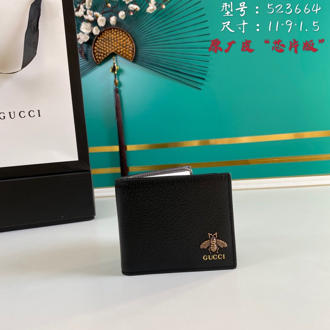 Gvc*1 Bee Logo Black Bi-Fold Wallet For Men, Men’s Wallet 11cm/4.3in GG 523664