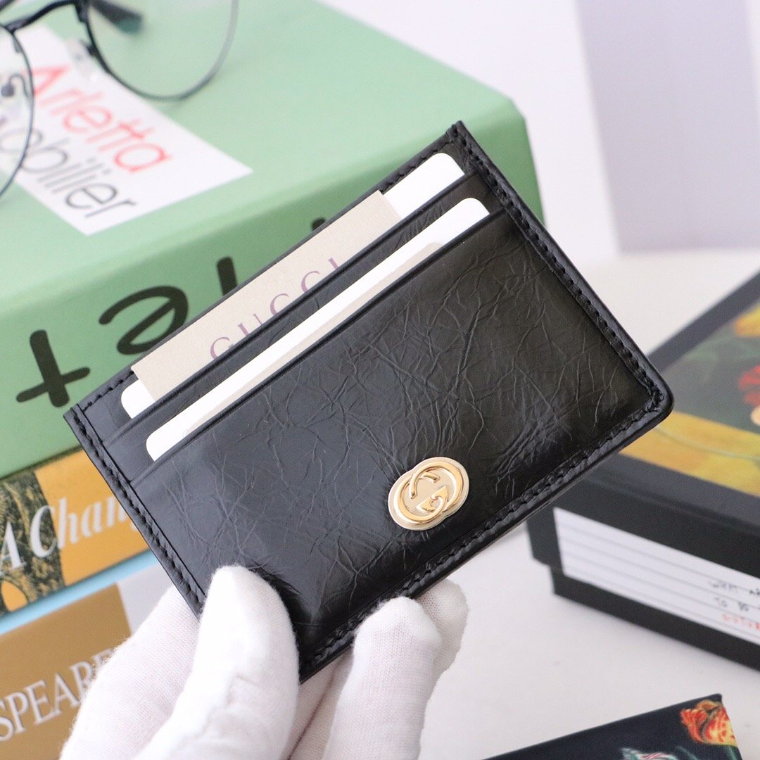 Gvc*1 Card Case with Interlocking G Plain Black For Men 4in/10cm GG