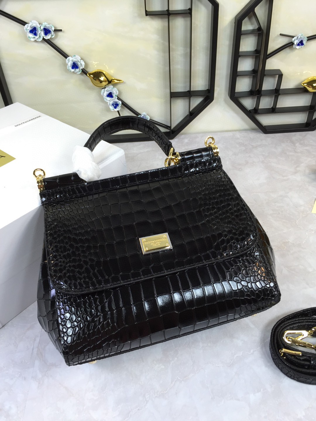 Dolce & Gabbana Medium Sicily Bag In Foiled Crocodile-Print Black For Women 10.2in/26cm DG