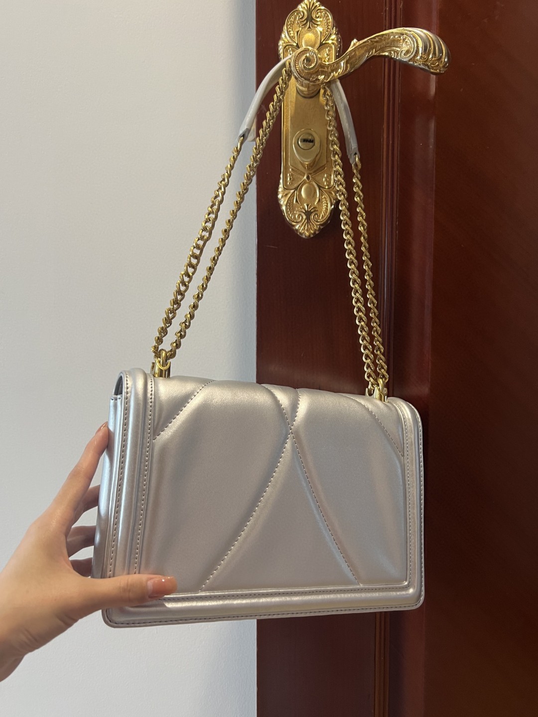 Dolce & Gabbana Large Devotion Bag In Quilted Nappa Silver For Women 10in/26cm DG