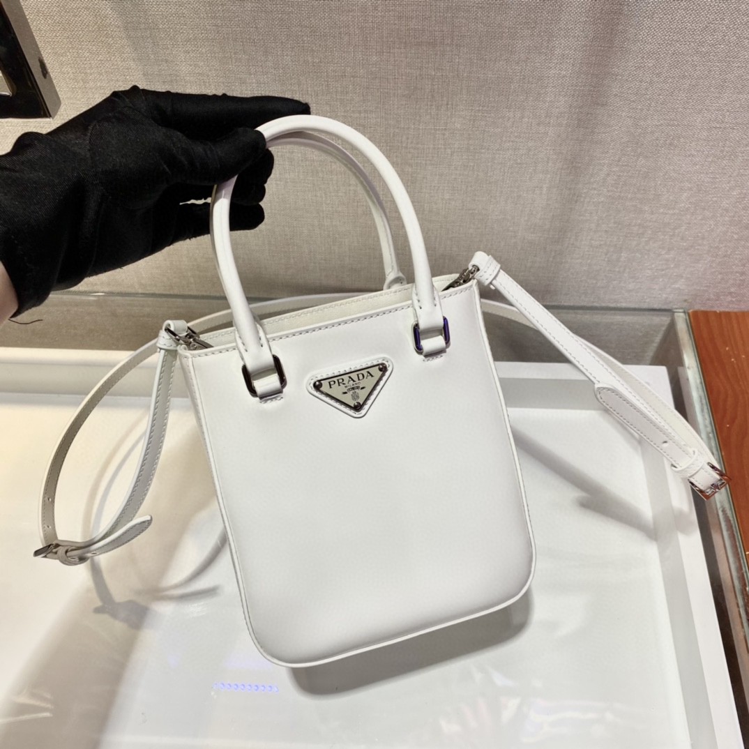 Pra*a Small Brushed Tote White For Women, Women’s Bags 6.9in/18cm 1BA331_ZO6_F0009_V_OOO