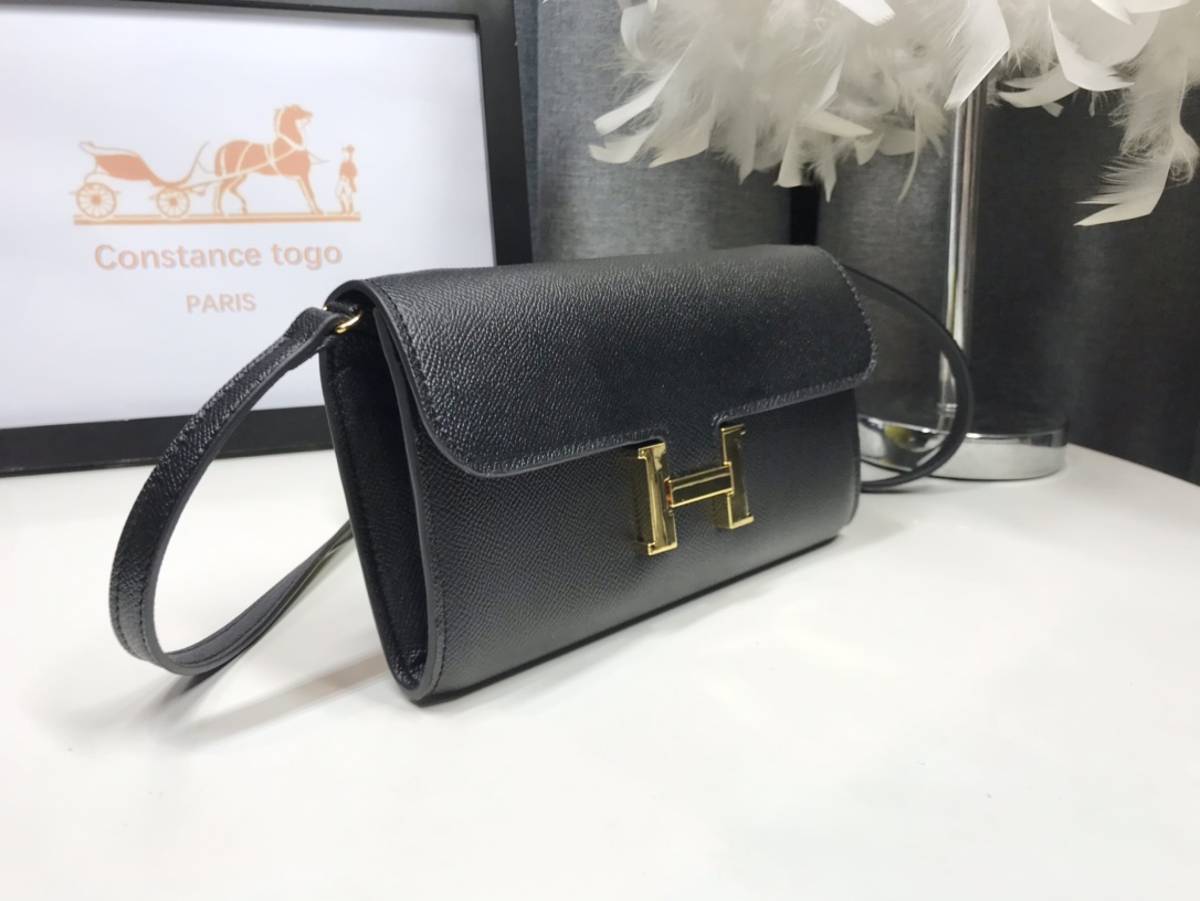 H**me5 Constance Togo Long Wallet 21cm/8.3in Gold Toned Hardware For Women Black