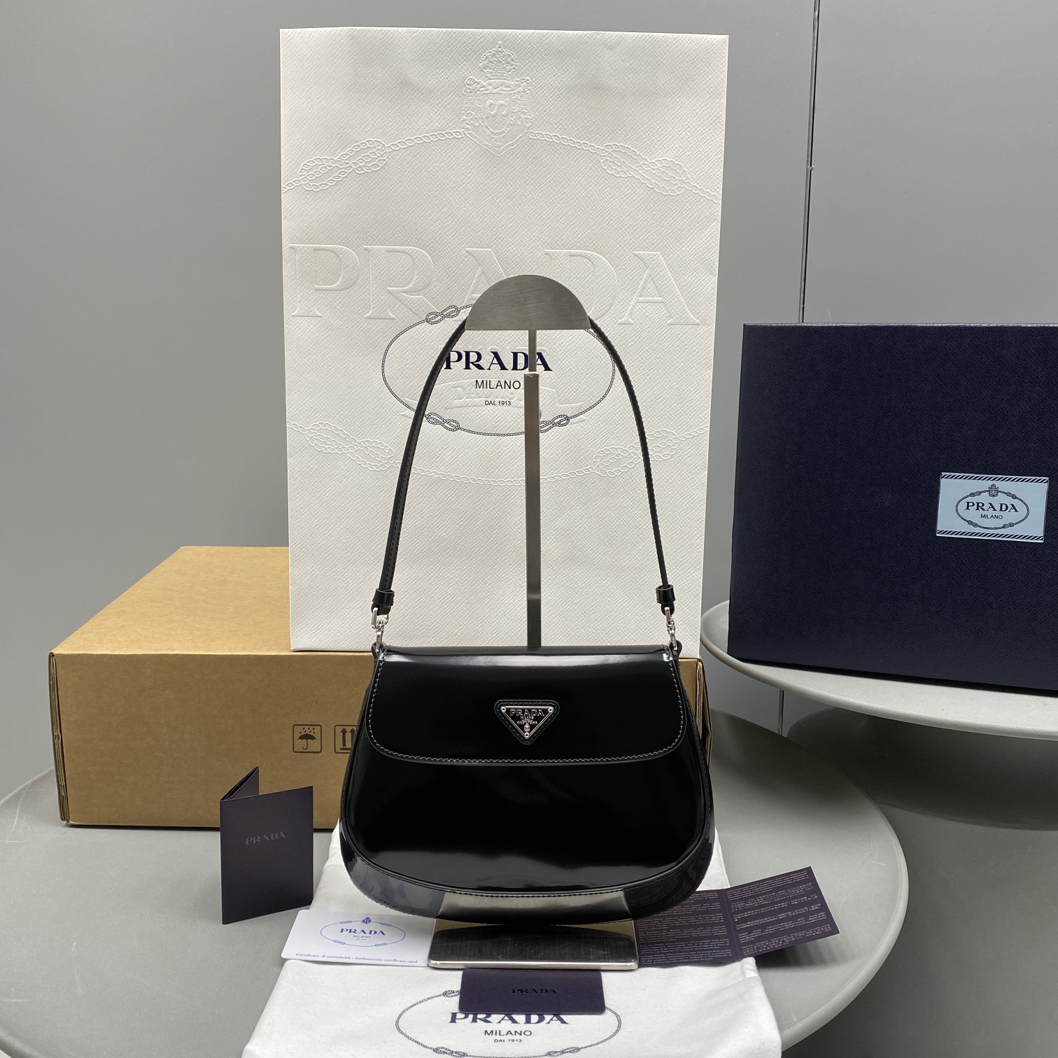 Pra*a Cleo Brushed Shoulder Bag With Flap Black For Women, Women’s Bags 8.6in/22cm 1BD311_ZO6_F0002_V_OOO