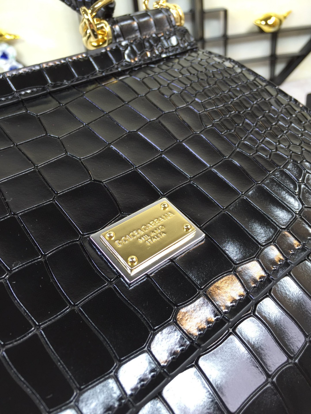 Dolce & Gabbana Medium Sicily Bag In Foiled Crocodile-Print Black For Women 10.2in/26cm DG