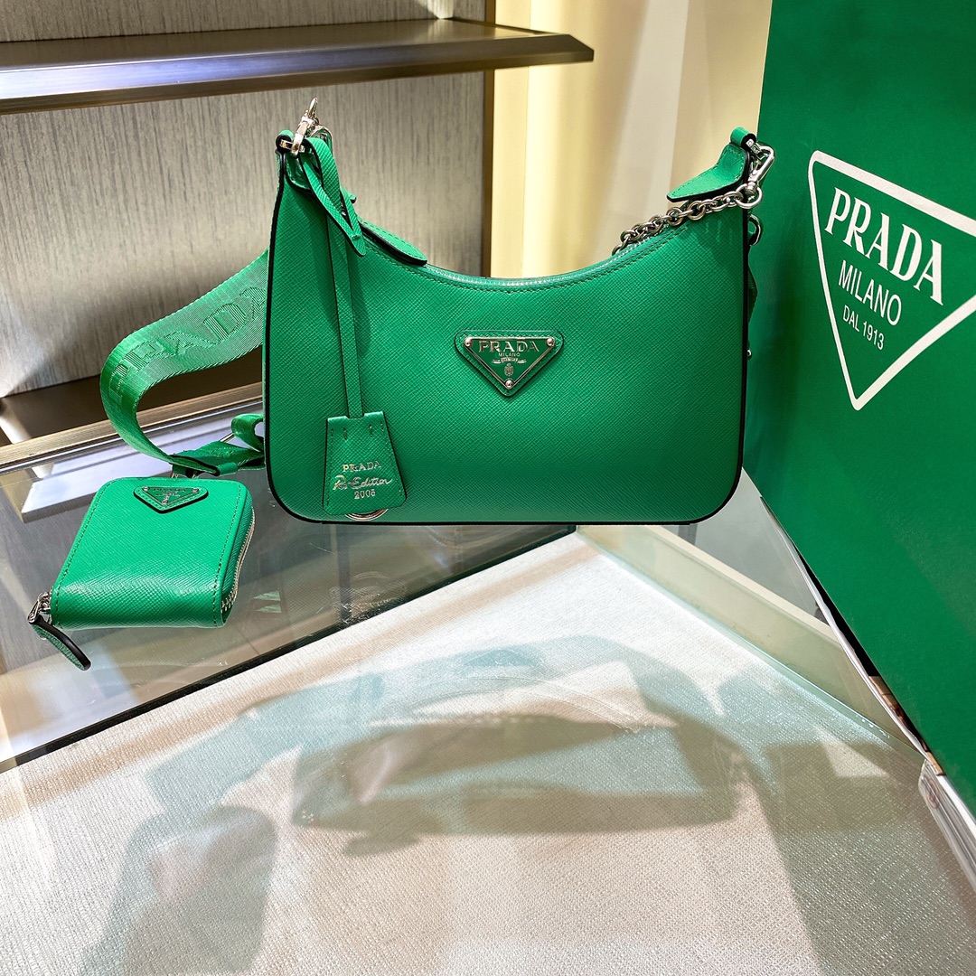 Pra*a Re-Edition 2005 Saffiano Leather Bag Green For Women, Women’s Bags 8.6in/22cm