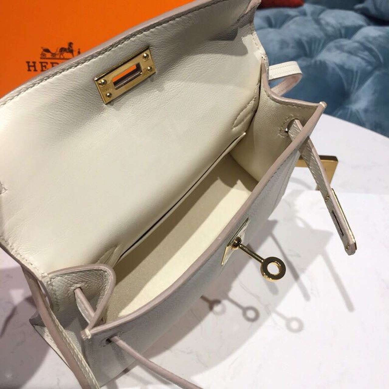 H**me5 Mini Kelly White For Women Gold Toned Hardware 7.5in/19cm