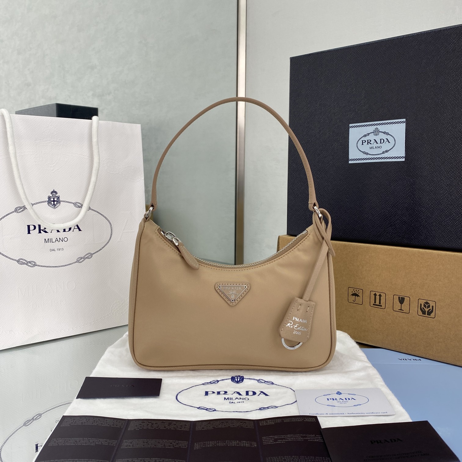 Pra*a Re-Edition 2005 Saffiano Leather Bag Beige For Women, Women’s Bags 8.6in/22cm