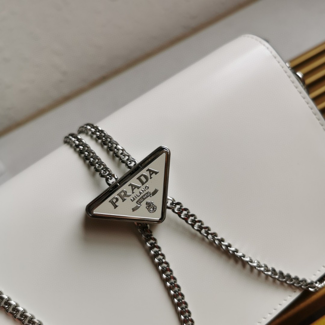 Pra*a Brushed Shoulder Bag White For Women, Women’s Bags 6.7in/17cm