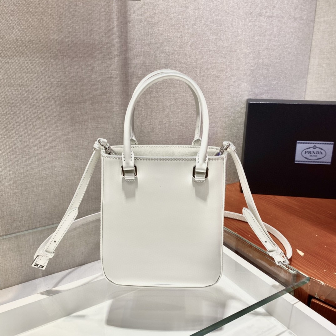 Pra*a Small Brushed Tote White For Women, Women’s Bags 6.9in/18cm 1BA331_ZO6_F0009_V_OOO