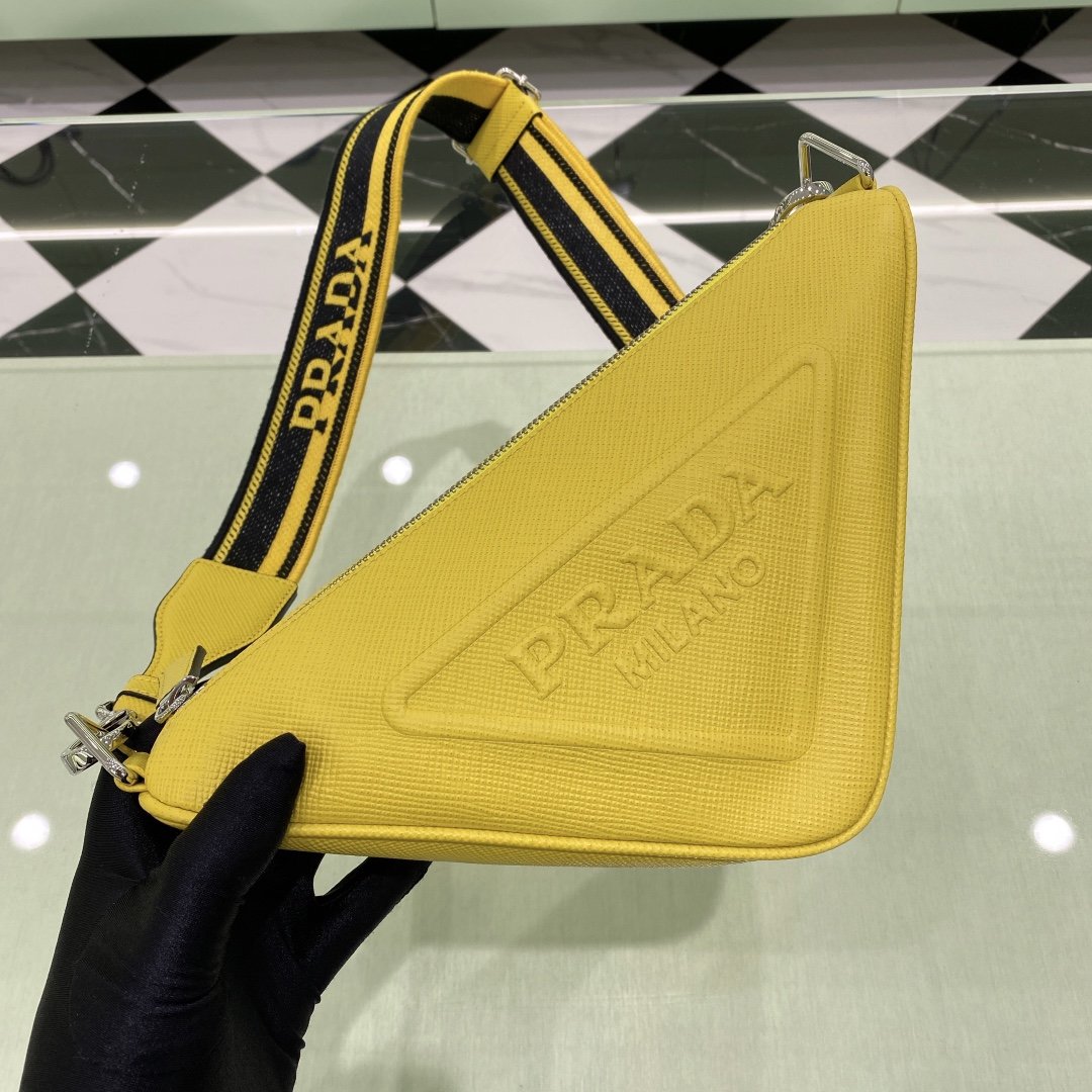 [True-to-ORIGINAL] Pra*a Saffiano Triangle Bag Yellow For Women, Women’s Bags 11in/28cm 2VH155_2FAD_F0377_V_OOO