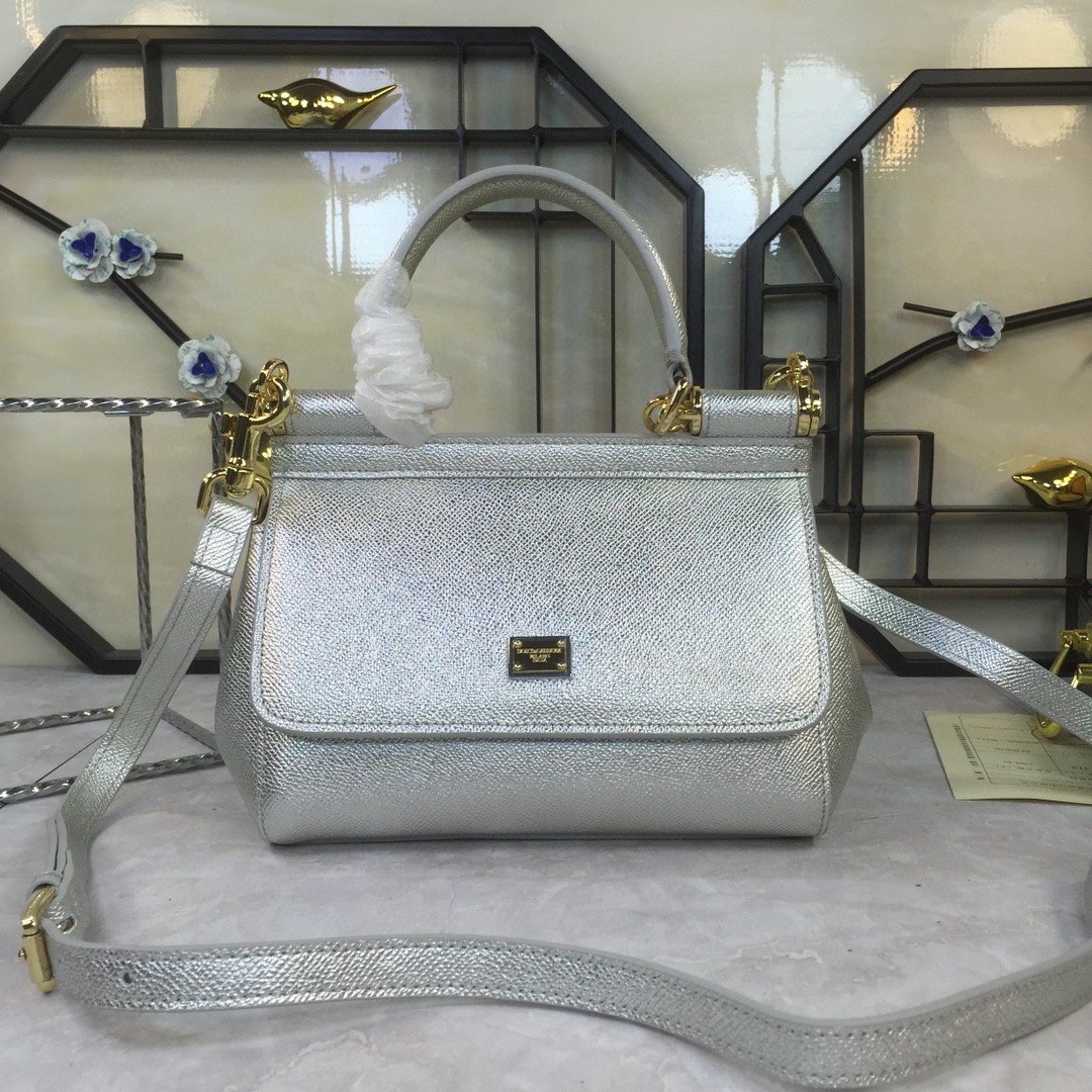 Dolce & Gabbana Medium Sicily Handbag In Dauphine Silver For Women 10.2in/26cm DG