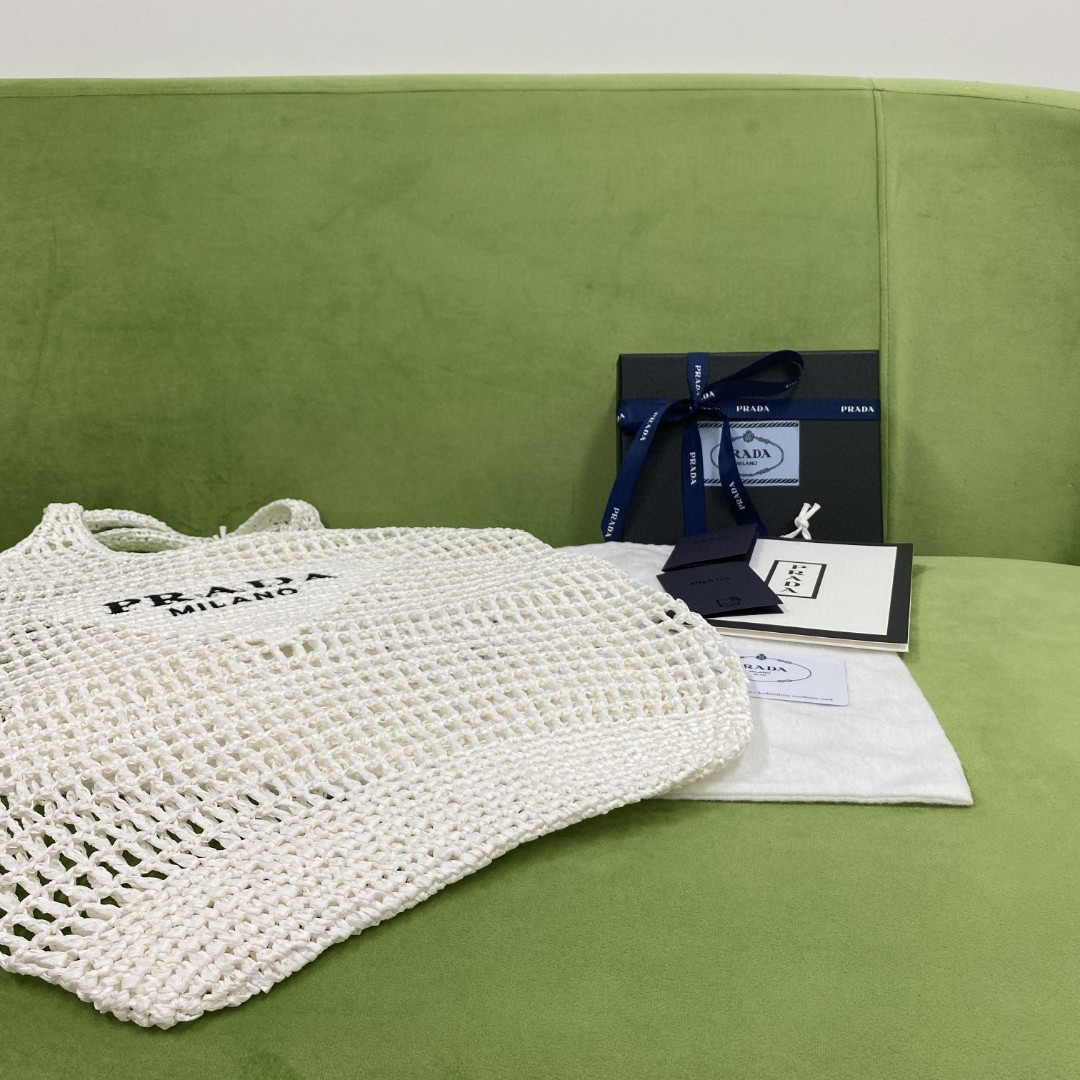 Pra*a Raffia Tote Bag White For Women, Women’s Bags 20in/51cm 1BG424_2A2T_F0009_V_OOO