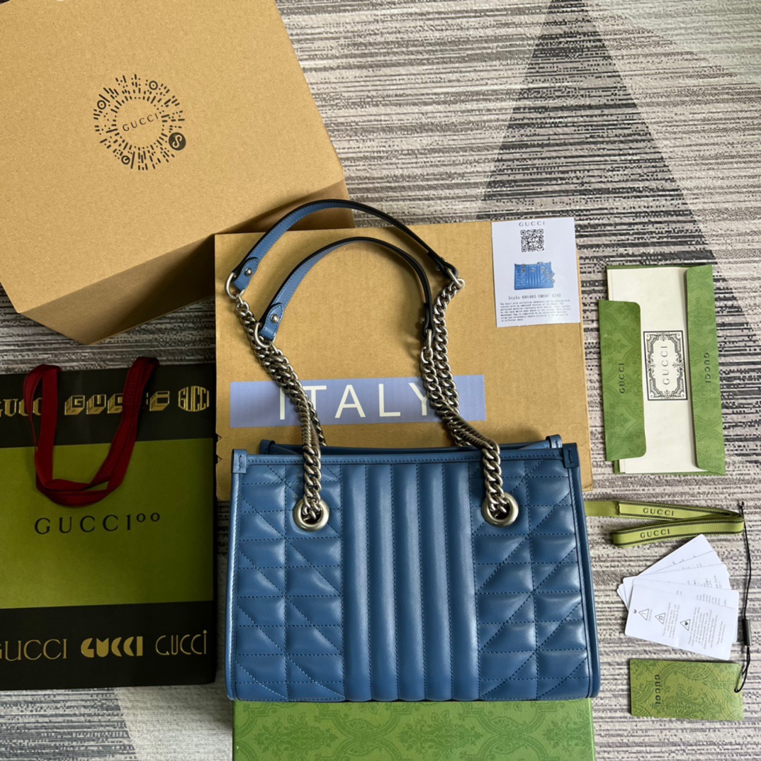 [True-to-ORIGINAL] Gvc*1 Marmont Small Matelasse Tote Blue For Women, Women’s Bags 26.5 in/10.4cm GG ‎‎675796 UM8BF 4340