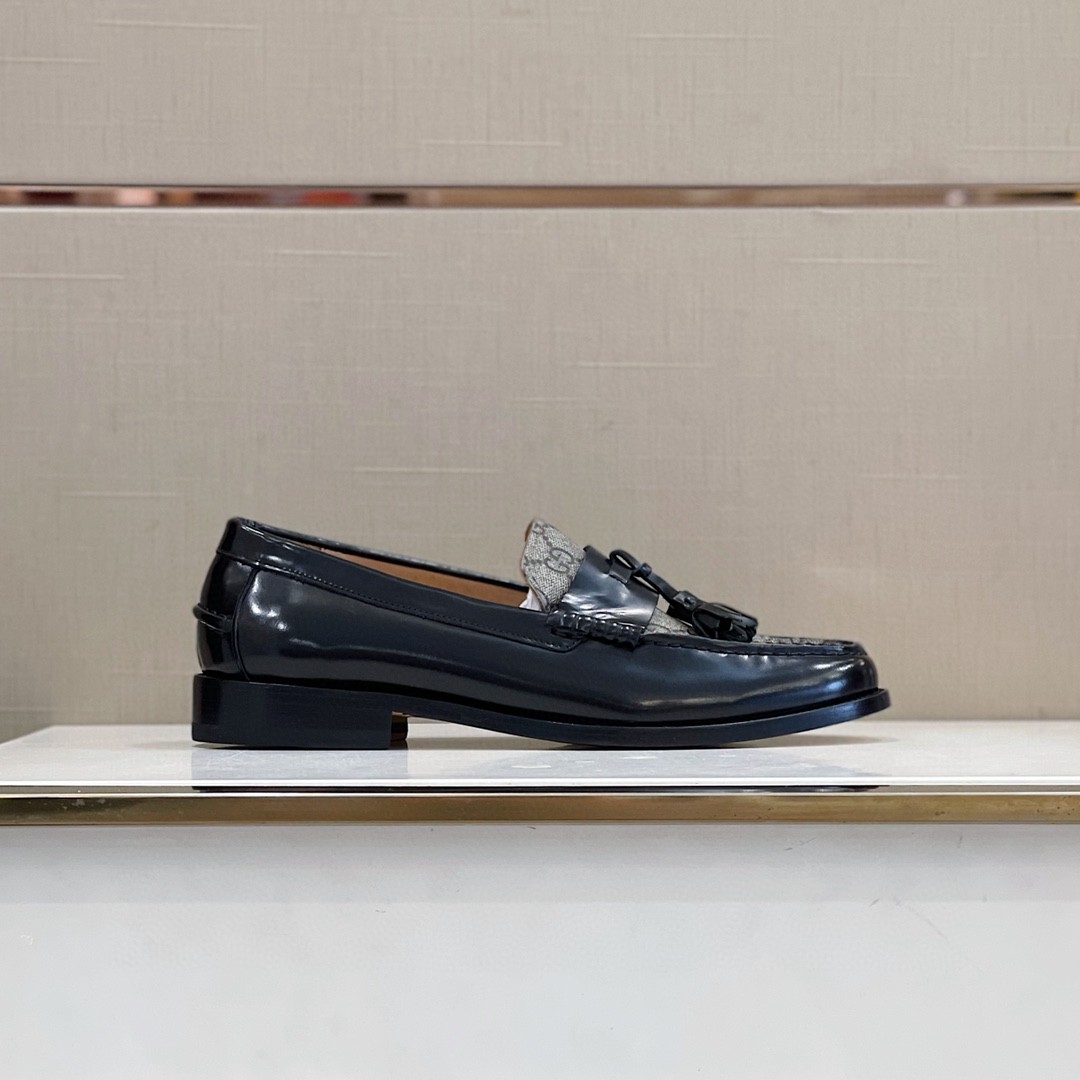 Gvc*1 Men’s GG Loafers Horsebit With Tassel Black And Beige For Men 673817 17X30 1063