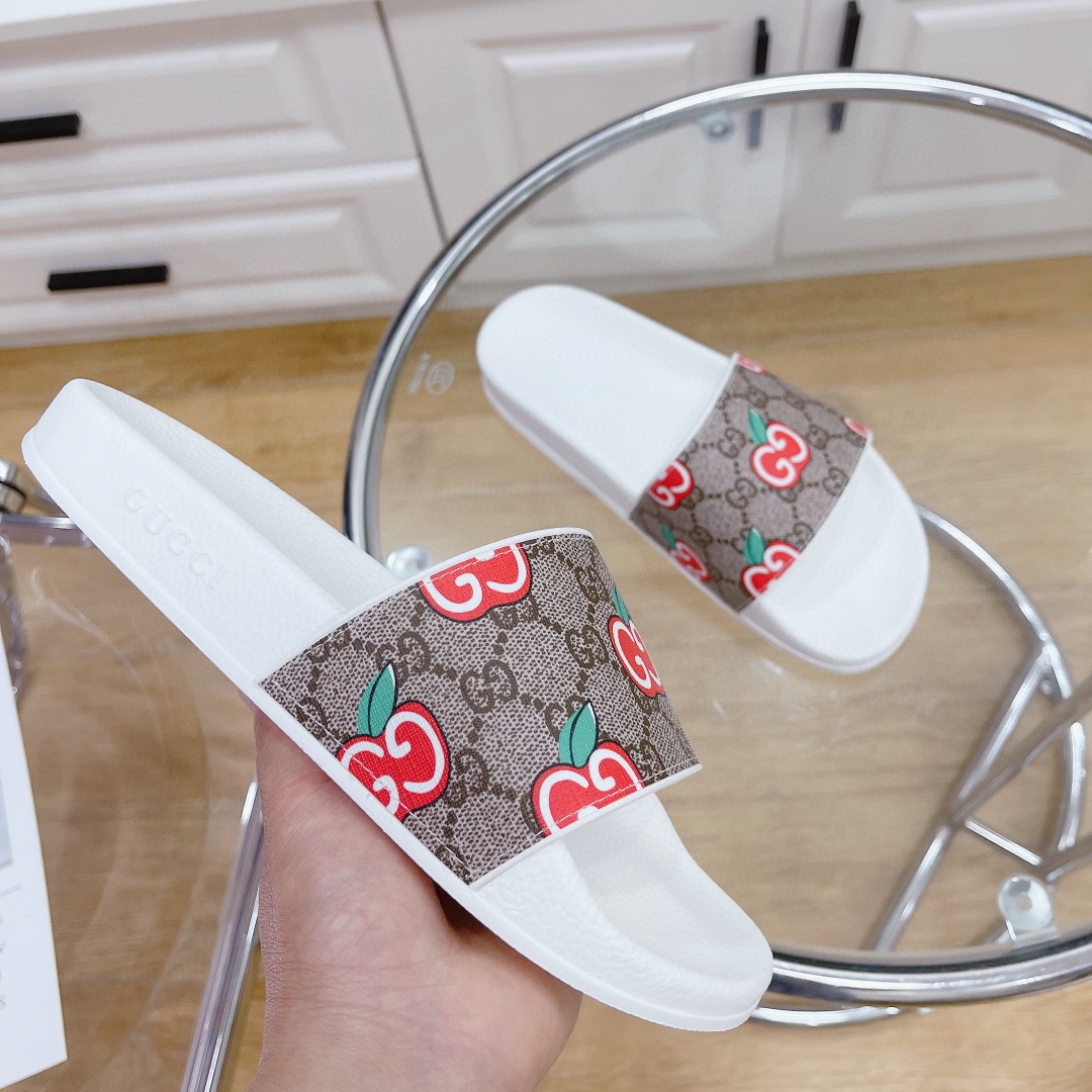 Gvc*1 Women’s GG Slide Sandal With GG Apple White And Brown For Women 407345