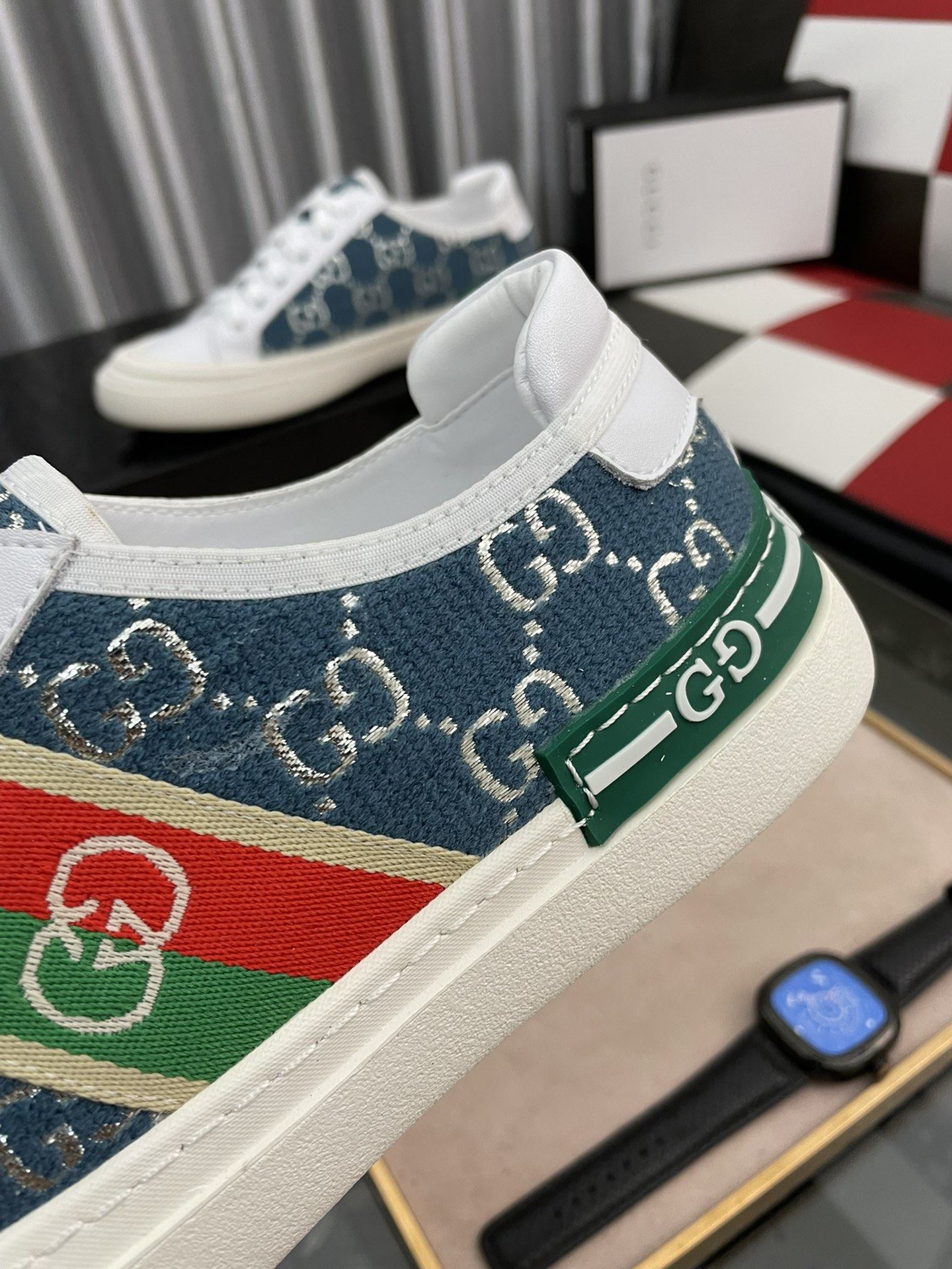 Gvc*1 Men’s GG Embroidery Sneaker With Web White And Blue For Men