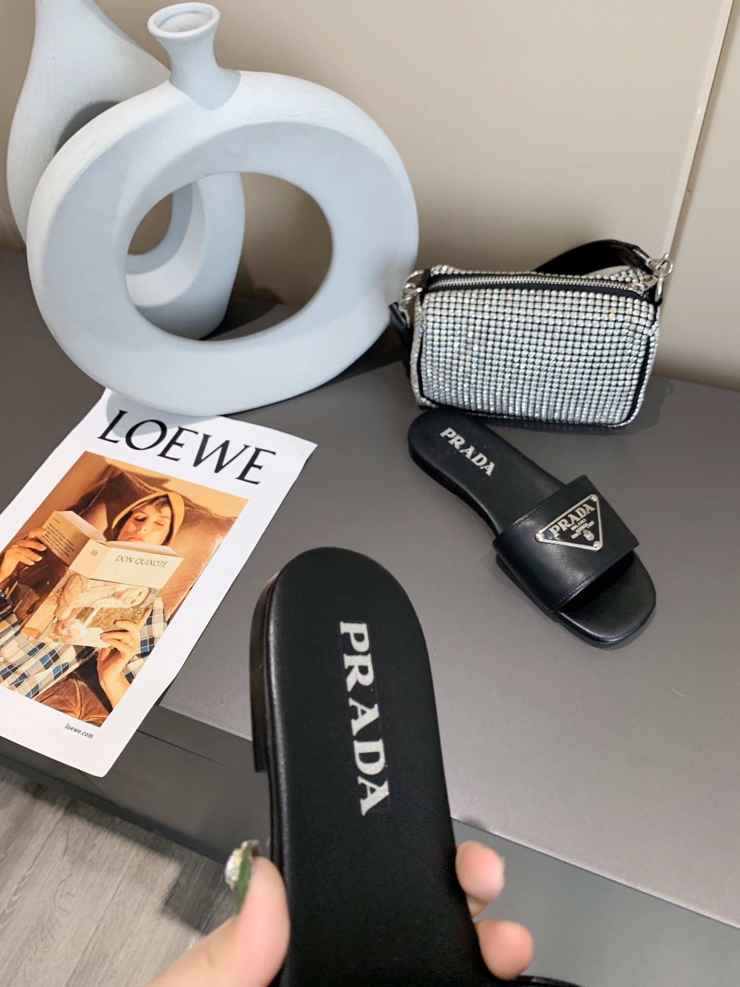 Pra*a Saffiano Slides Black For Women 0.4in/10mm PRD 1XX627_053_F0002_F_010