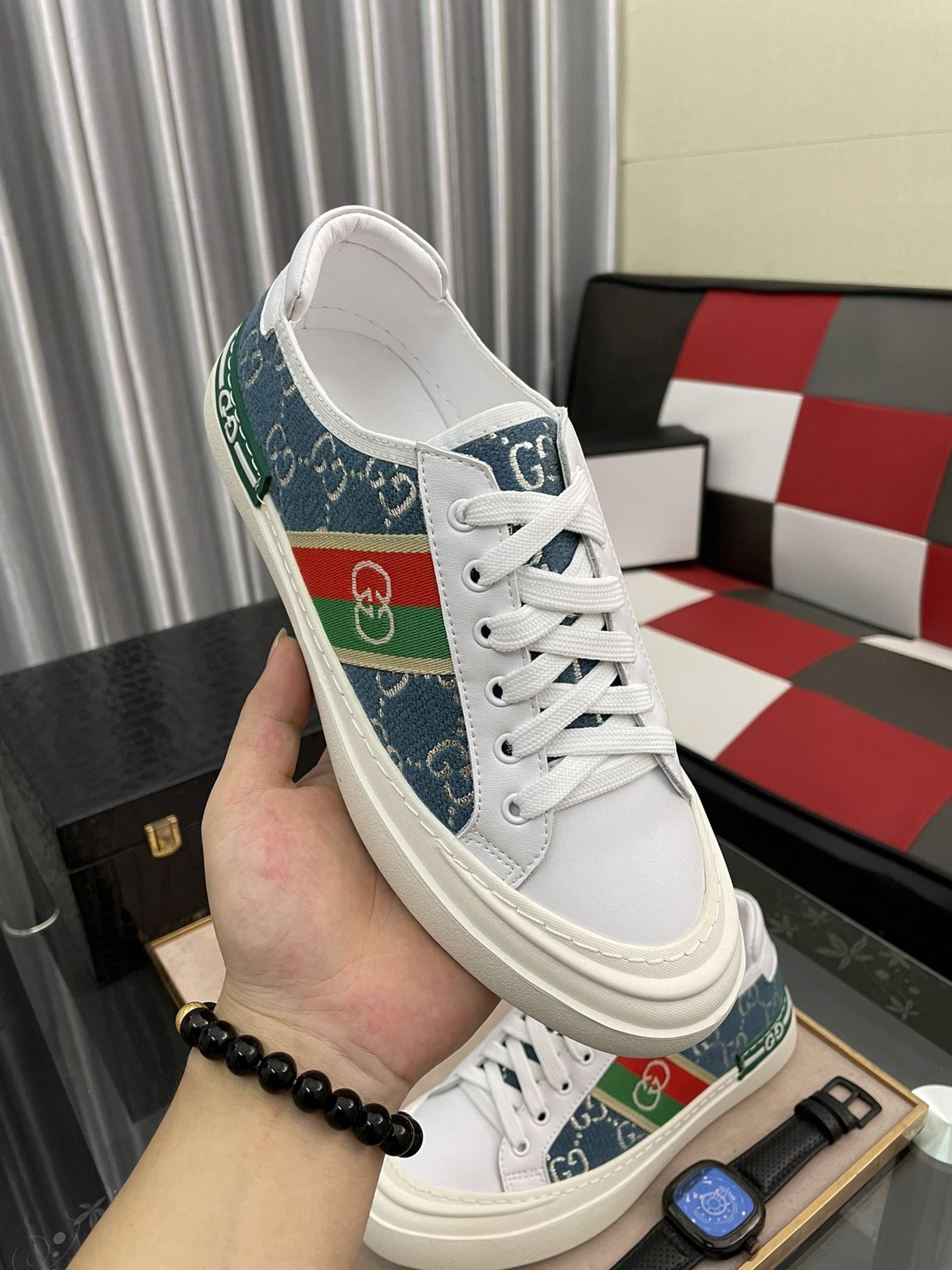 Gvc*1 Men’s GG Embroidery Sneaker With Web White And Blue For Men