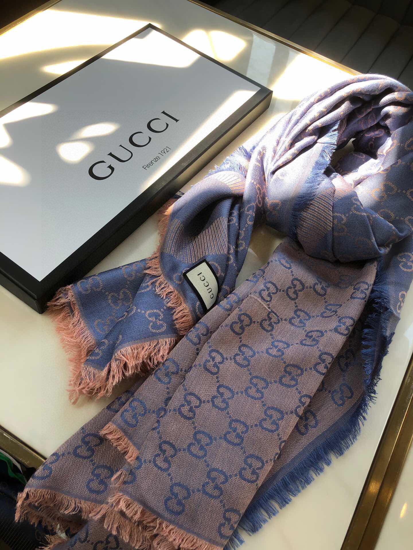 Gvc*1 GG Jacquard Silk Wool Shawl Blue 55in/140cm