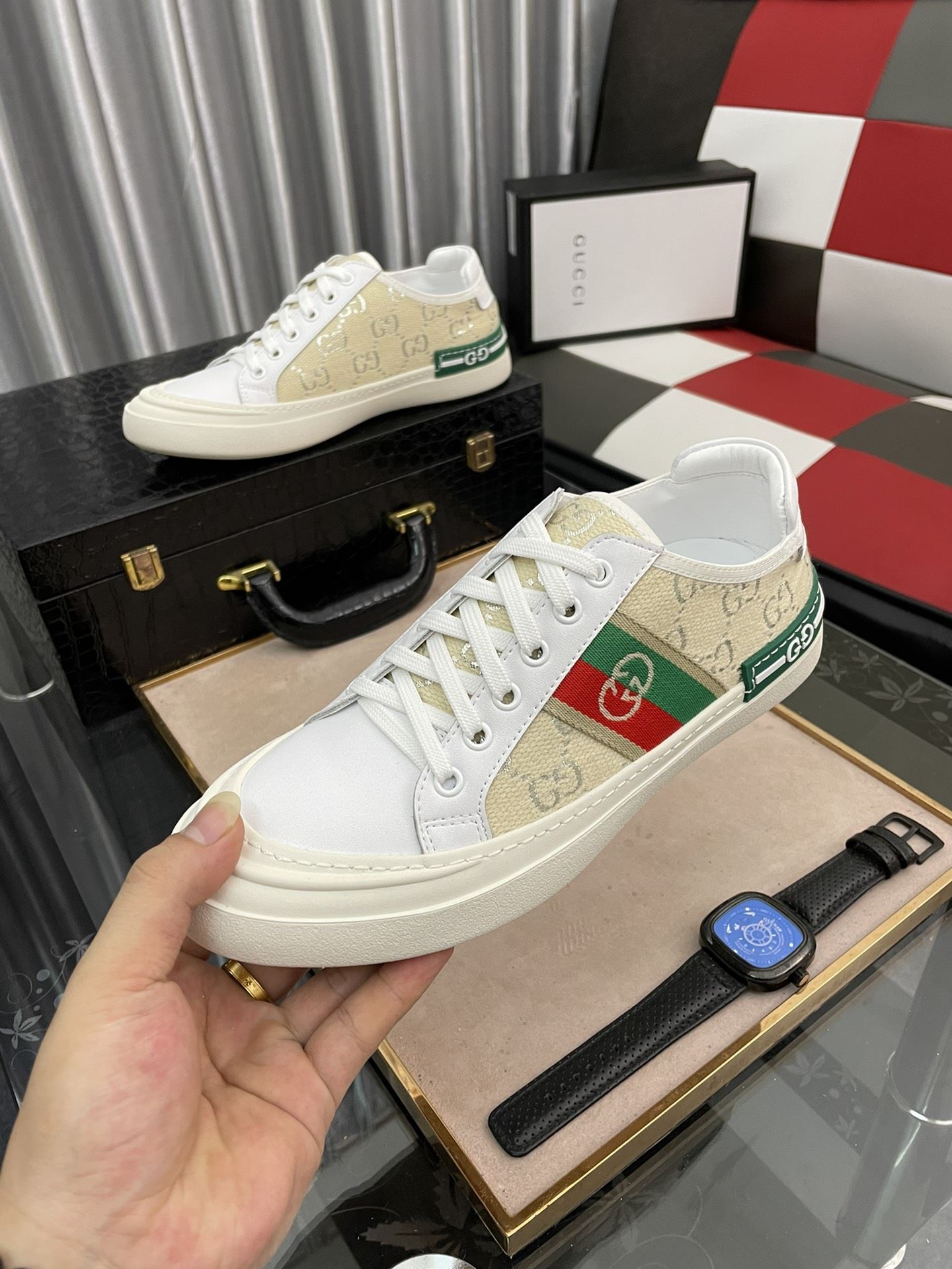 Gvc*1 Men’s GG Embroidery Sneaker With Web White And Beige For Men