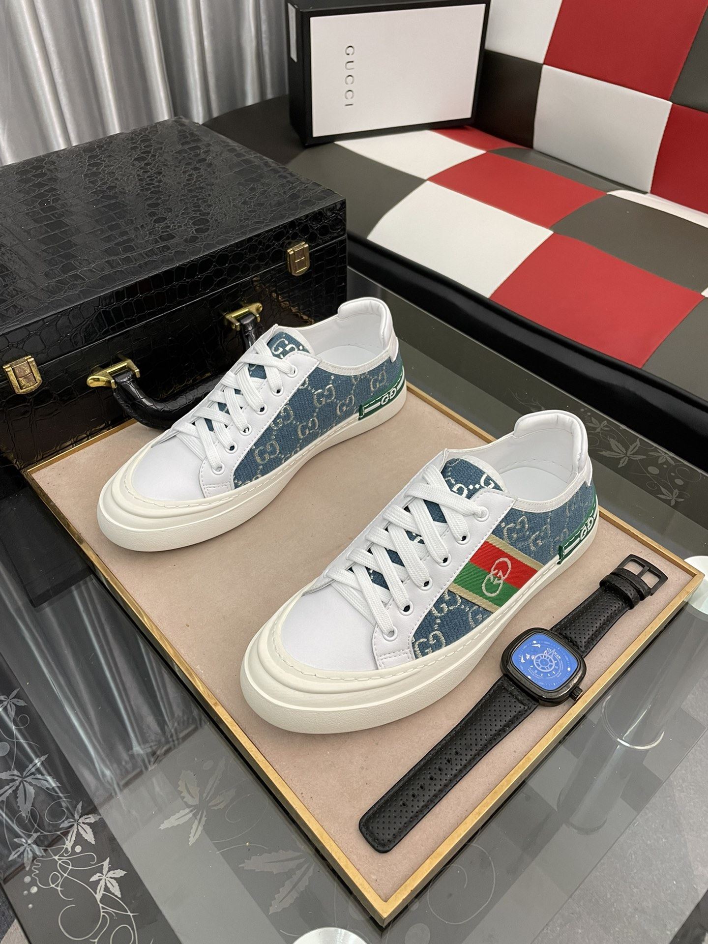 Gvc*1 Men’s GG Embroidery Sneaker With Web White And Blue For Men