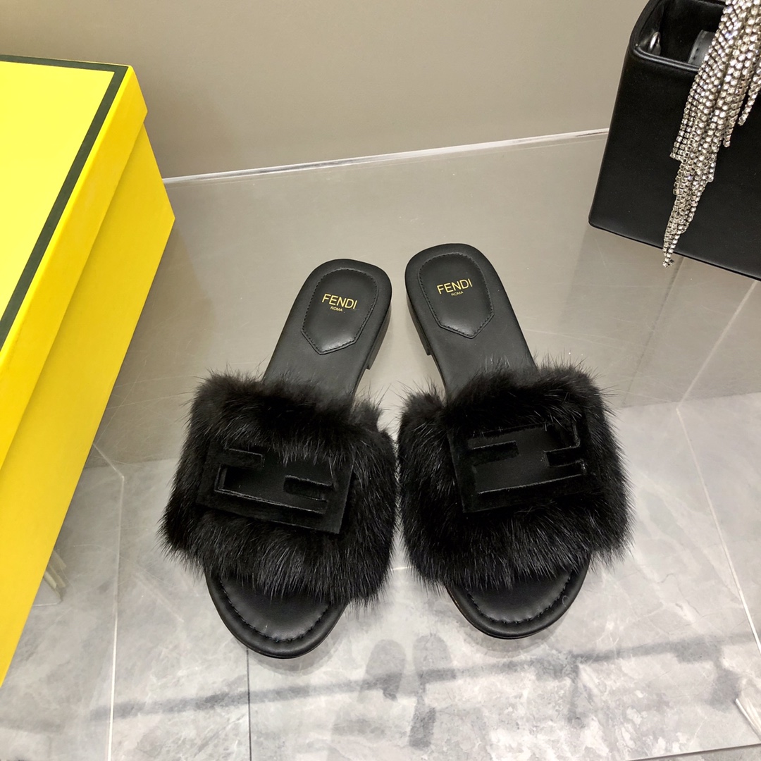 F**di Signature Black Mink Slides For Women
