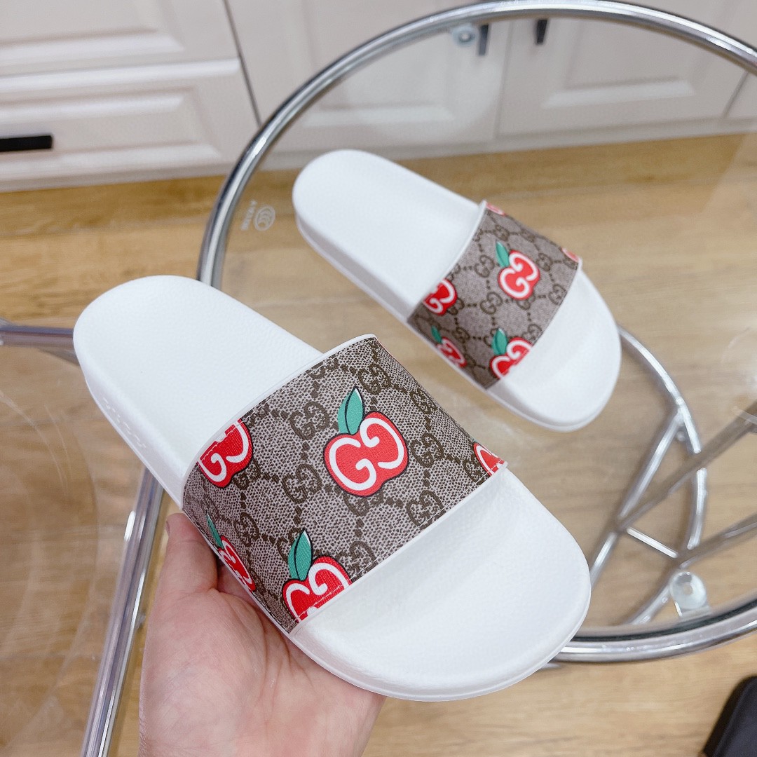 Gvc*1 Women’s GG Slide Sandal With GG Apple White And Brown For Women 407345