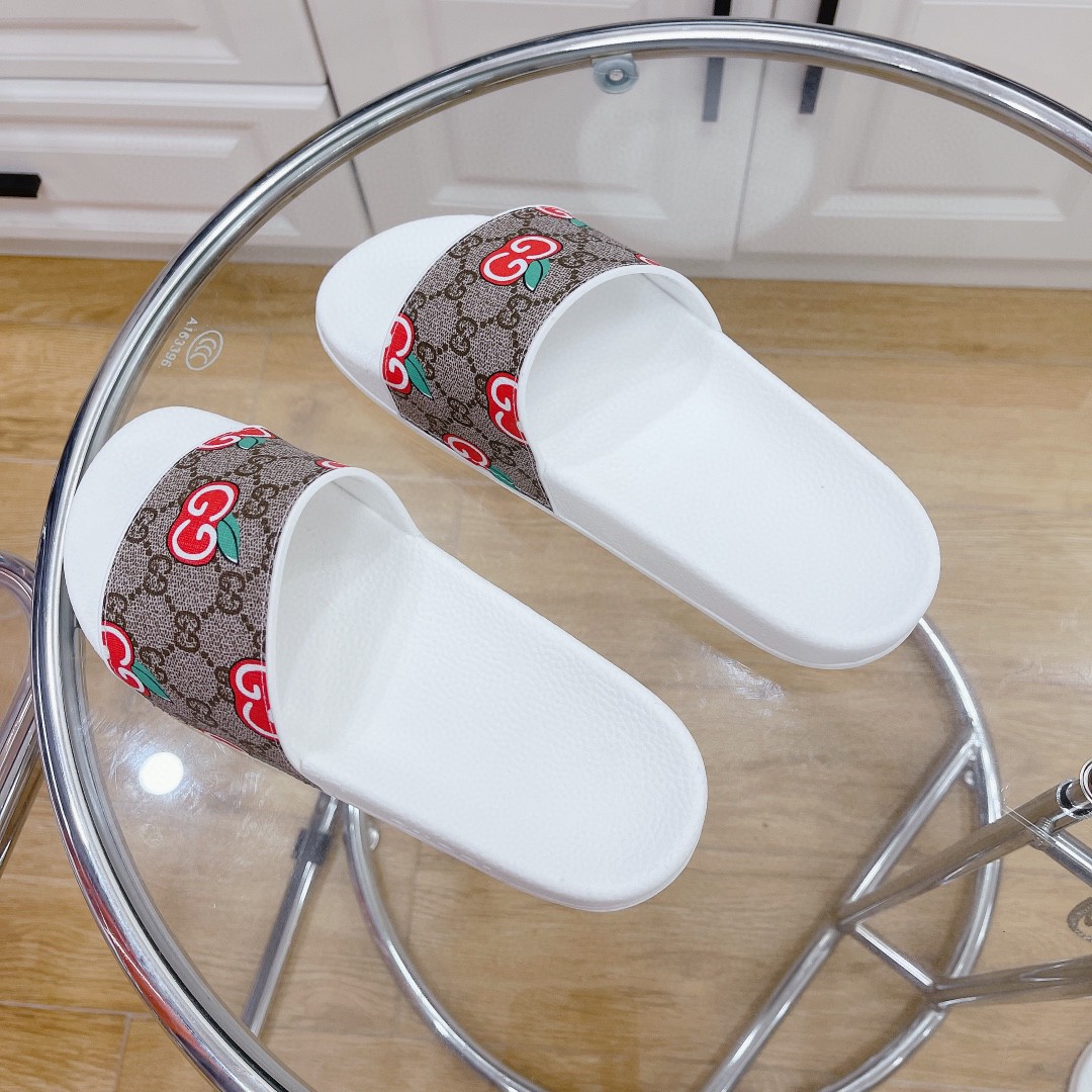 Gvc*1 Women’s GG Slide Sandal With GG Apple White And Brown For Women 407345