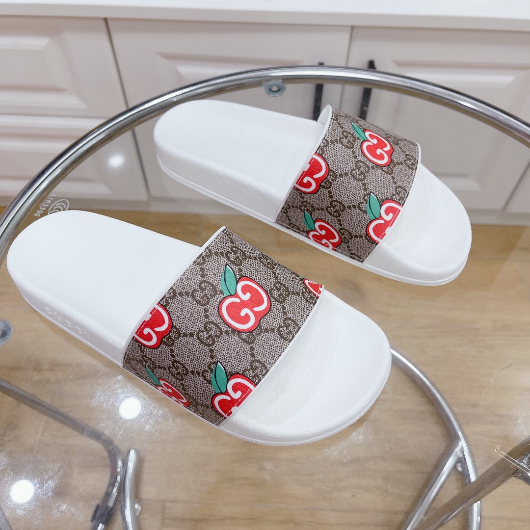 Gvc*1 Women’s GG Slide Sandal With GG Apple White And Brown For Women 407345