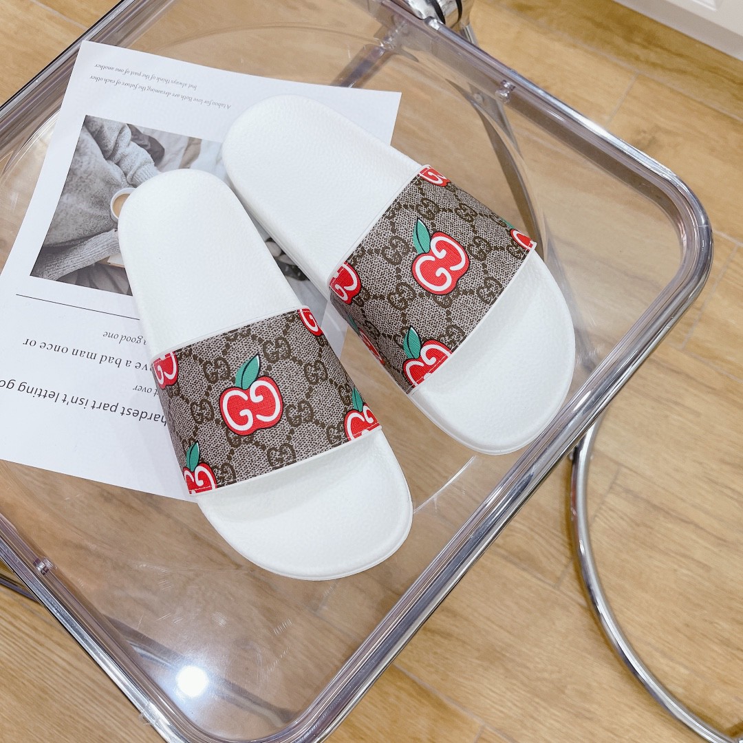 Gvc*1 Women’s GG Slide Sandal With GG Apple White And Brown For Women 407345