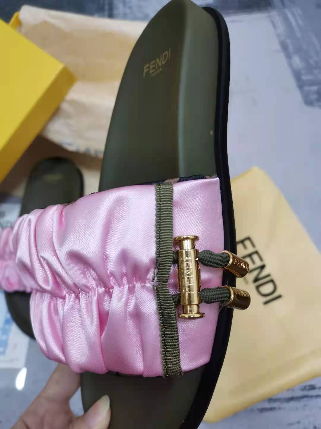 F**di Feel Pink Satin Slides For Women