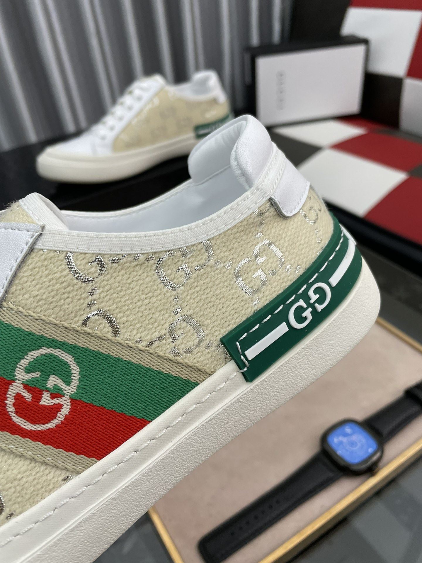 Gvc*1 Men’s GG Embroidery Sneaker With Web White And Beige For Men