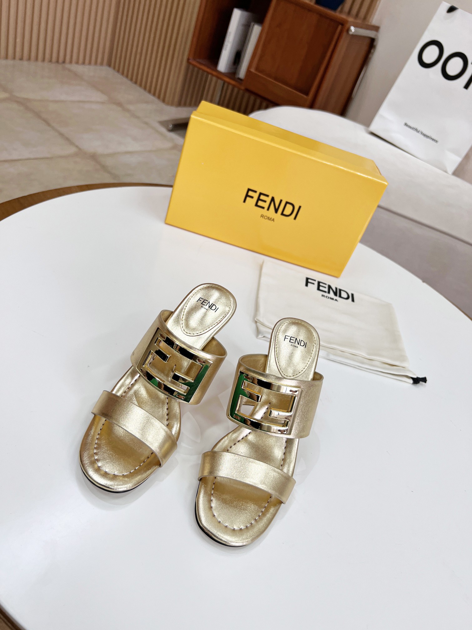 F**di Baguette Gold Heels For Women