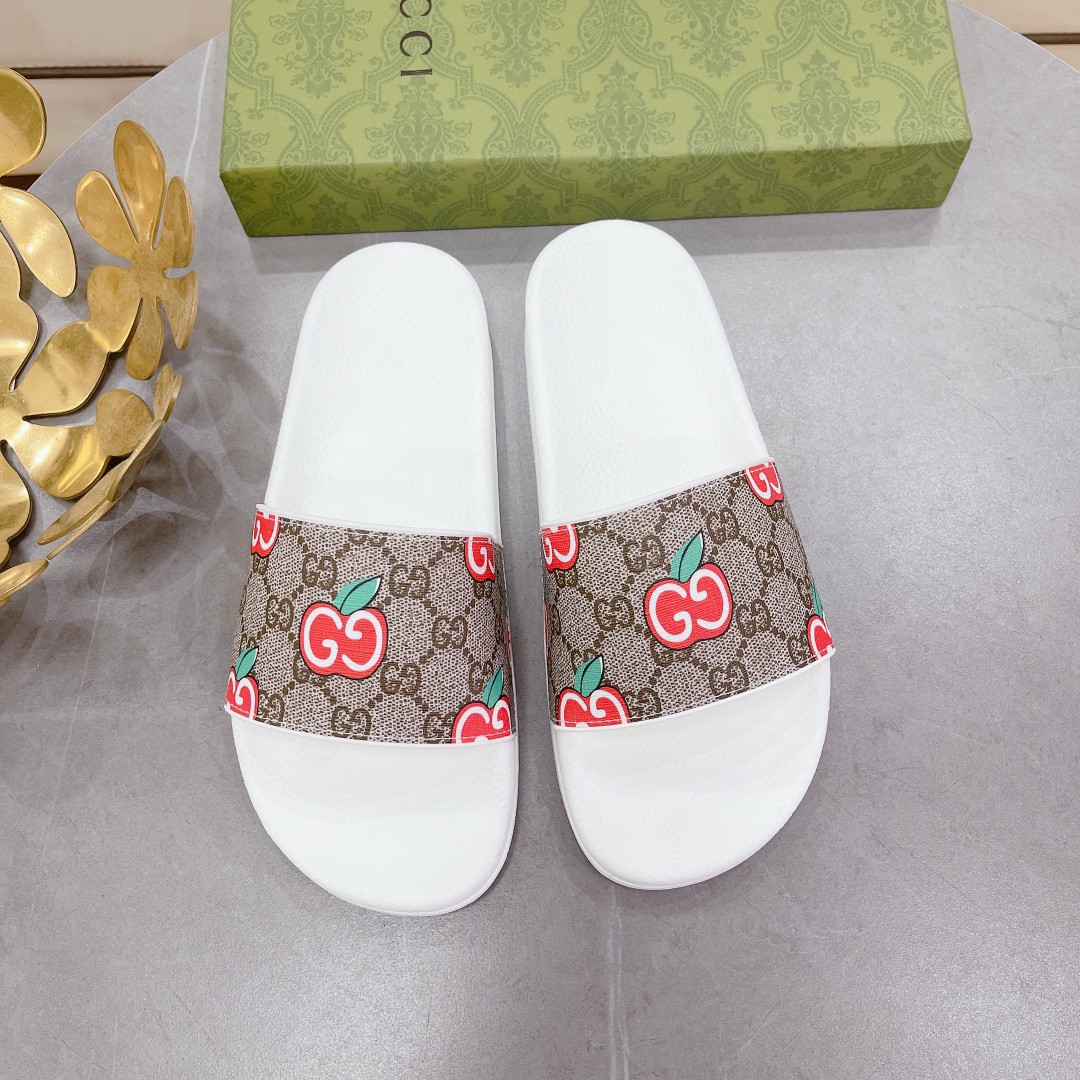 Gvc*1 Women’s GG Slide Sandal With GG Apple White And Brown For Women 407345