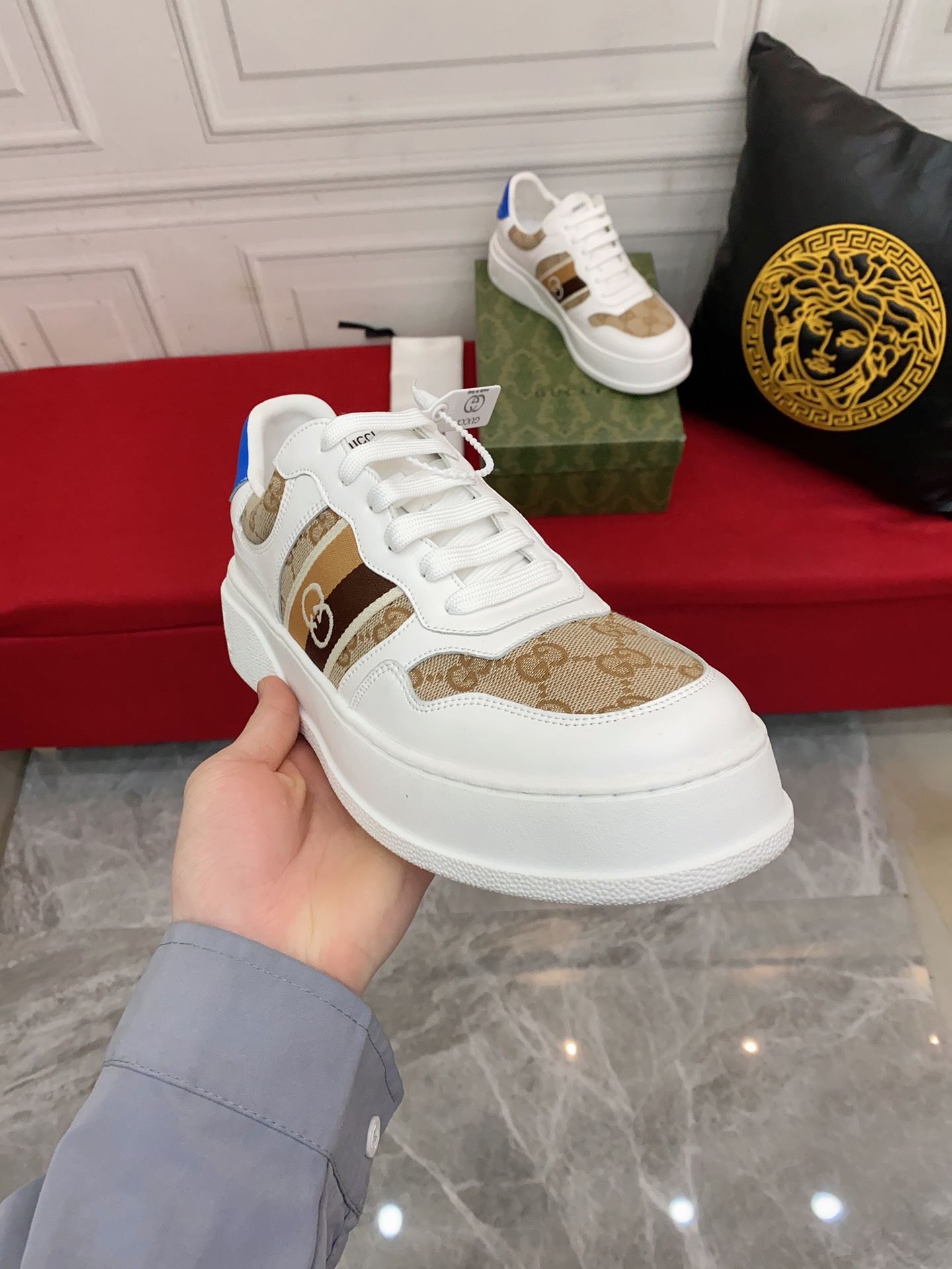 Gvc*1 Men’s GG Sneaker With Web White And Beige For Men 669698