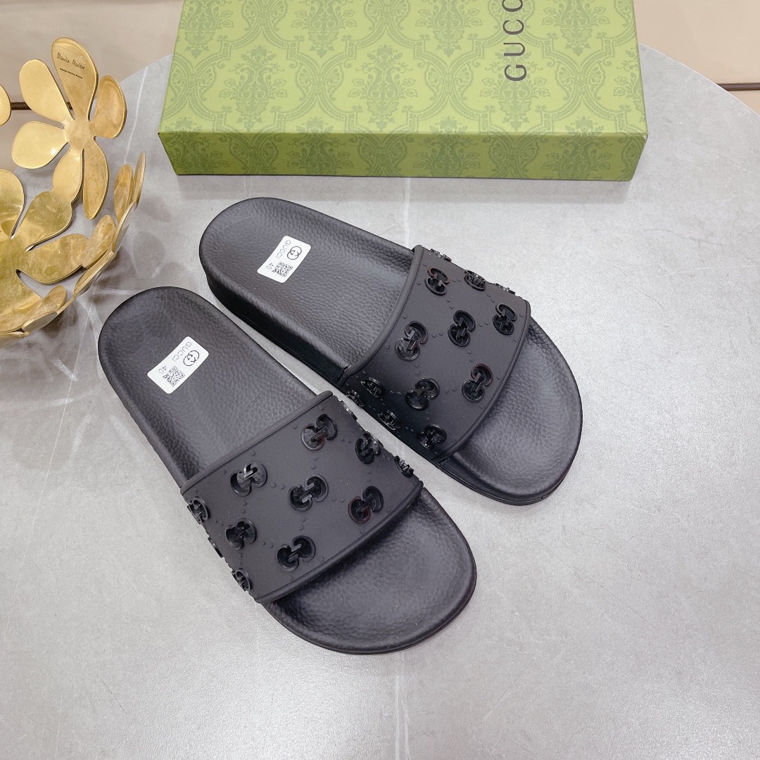 Gvc*1 Women’s Rubber GG Slide Sandals Black For Women ‎573922 JDR00 1000