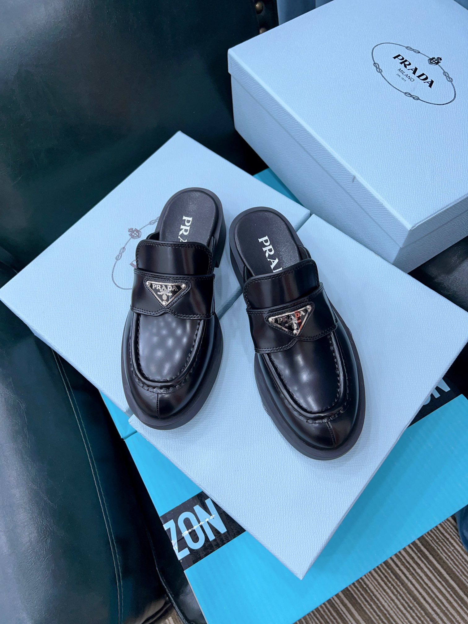 Pra*a Chocolate Brushed Mules Black For Women 1.6in/40mm PRD 1D652M_055_F0002_F_040