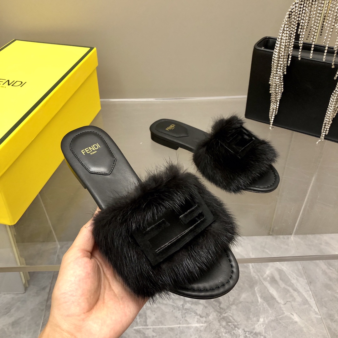 F**di Signature Black Mink Slides For Women