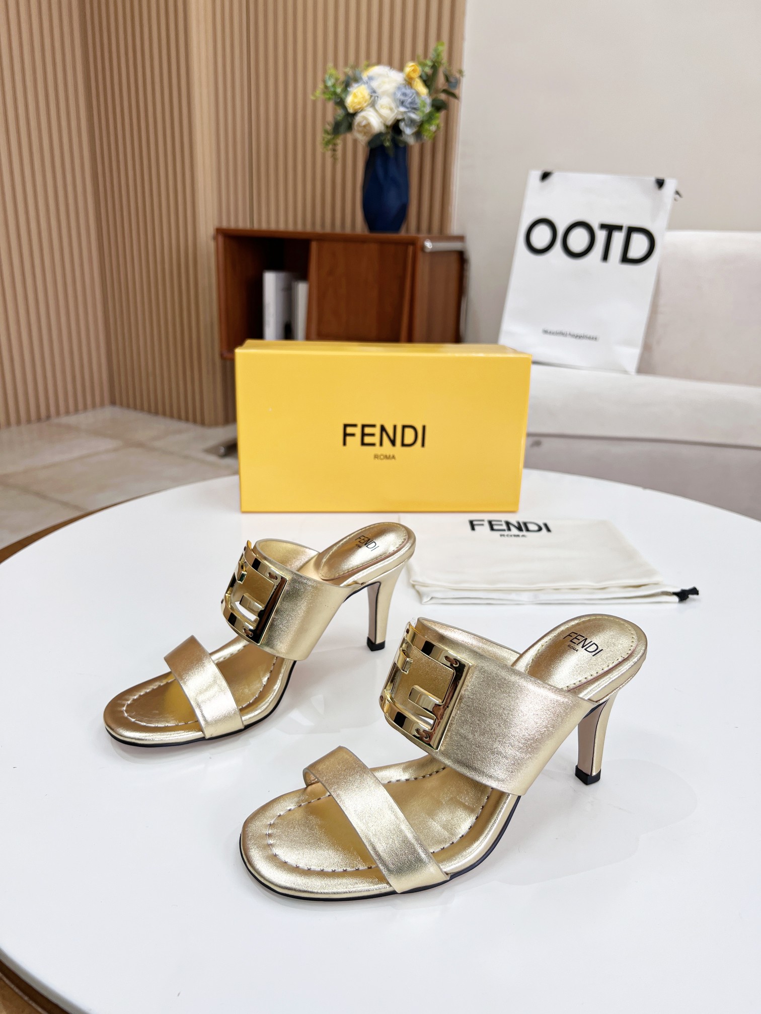 F**di Baguette Gold Heels For Women