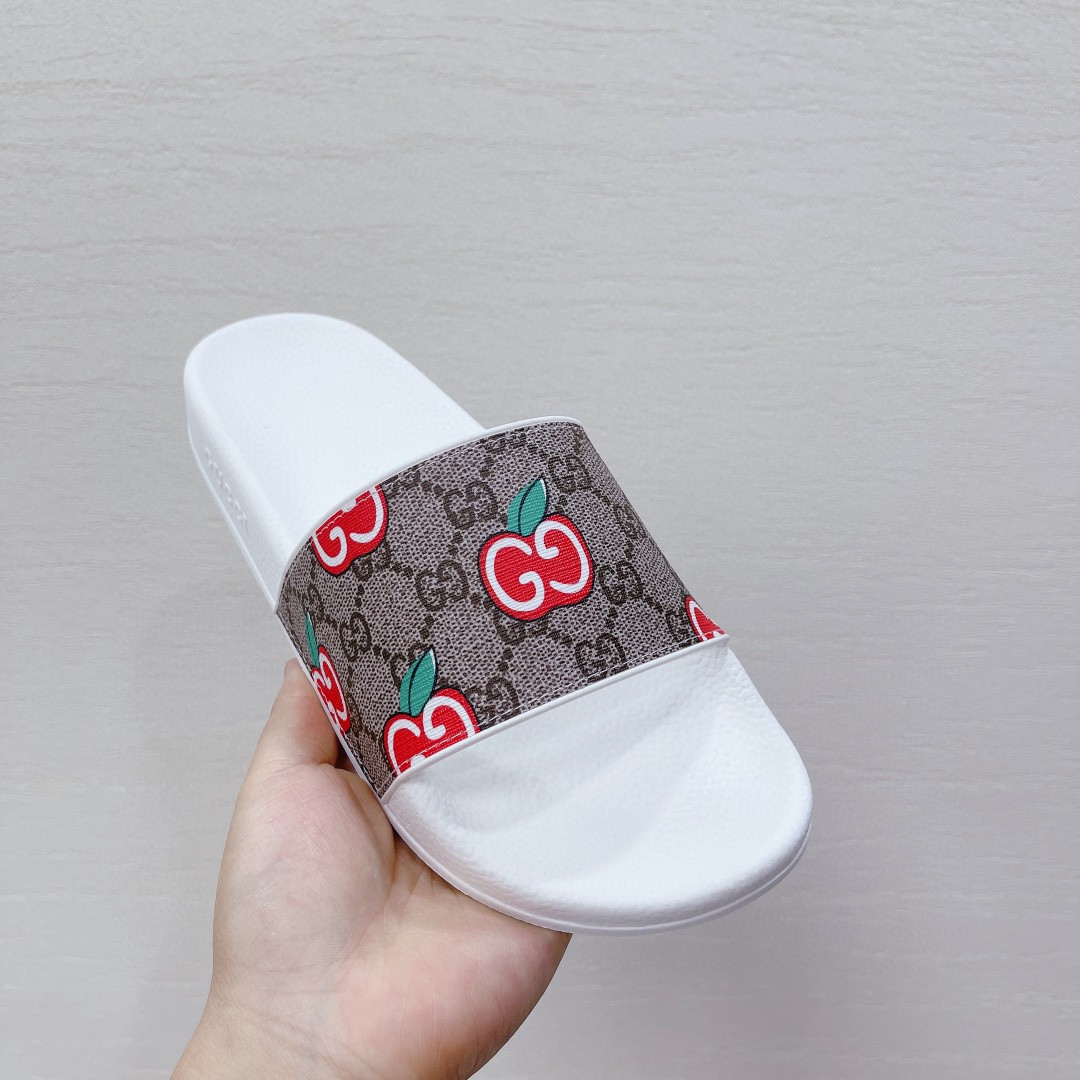 Gvc*1 Women’s GG Slide Sandal With GG Apple White And Brown For Women 407345