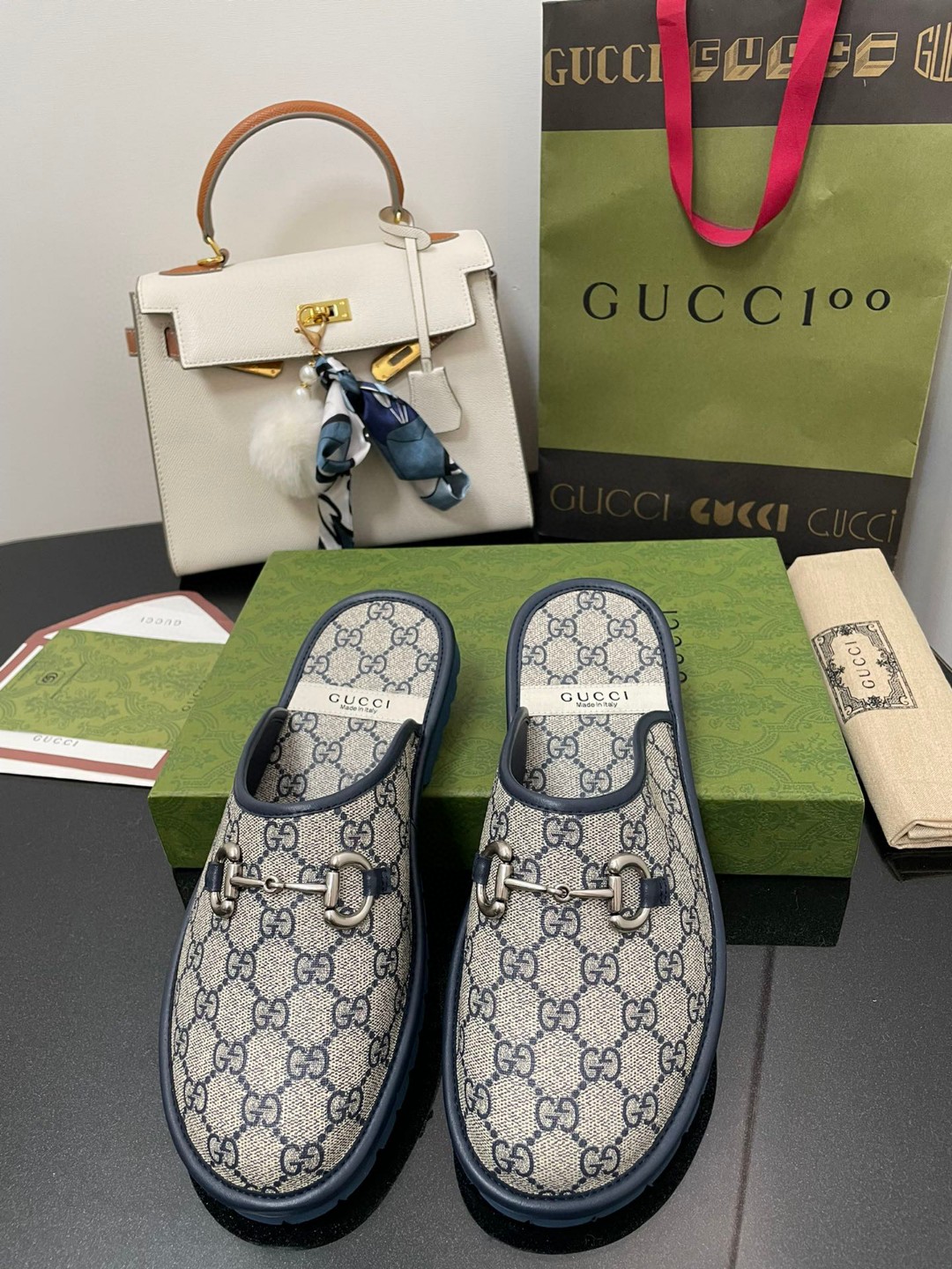 Gvc*1 Men’s GG Slipper With Horsebit Blue For Men GG Shoes ‎694249 96G60 4073