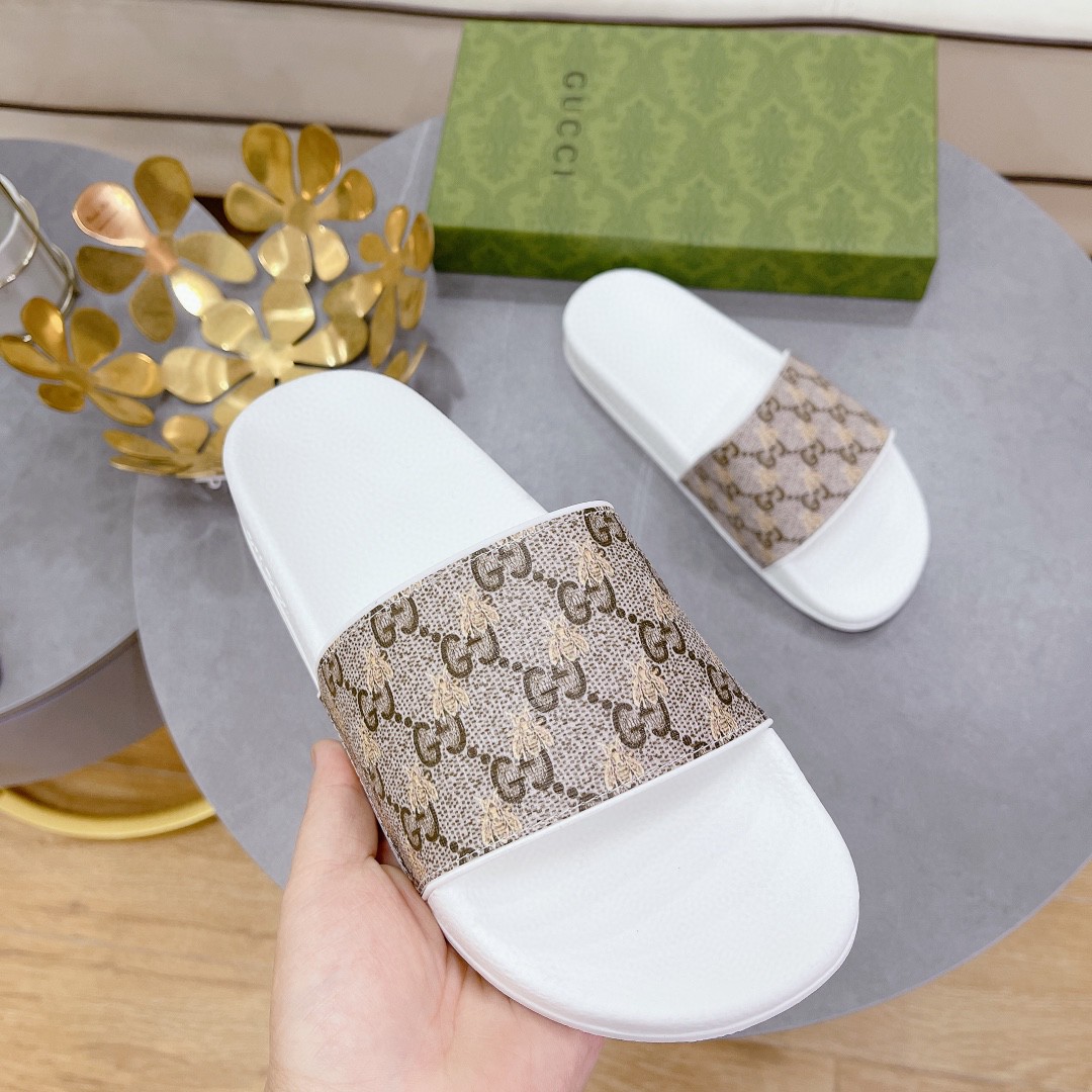 Gvc*1 Women’s GG Slide Sandal With Bees White And Brown For Women 407345