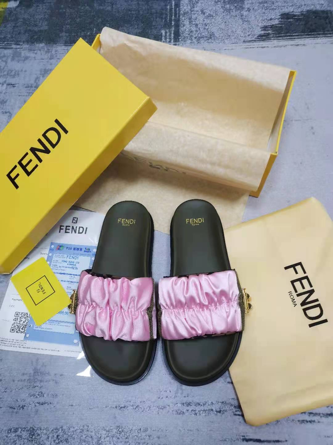 F**di Feel Pink Satin Slides For Women