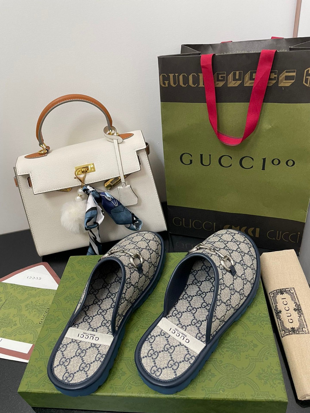 Gvc*1 Men’s GG Slipper With Horsebit Blue For Men GG Shoes ‎694249 96G60 4073