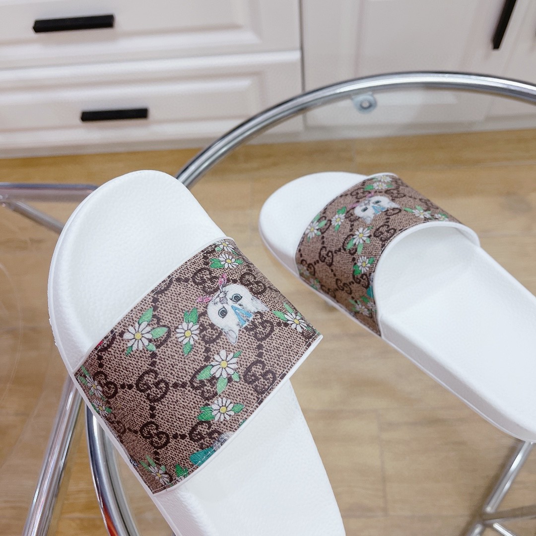 Gvc*1 Women’s GG Slide Sandal With Cat White And Brown For Women 407345