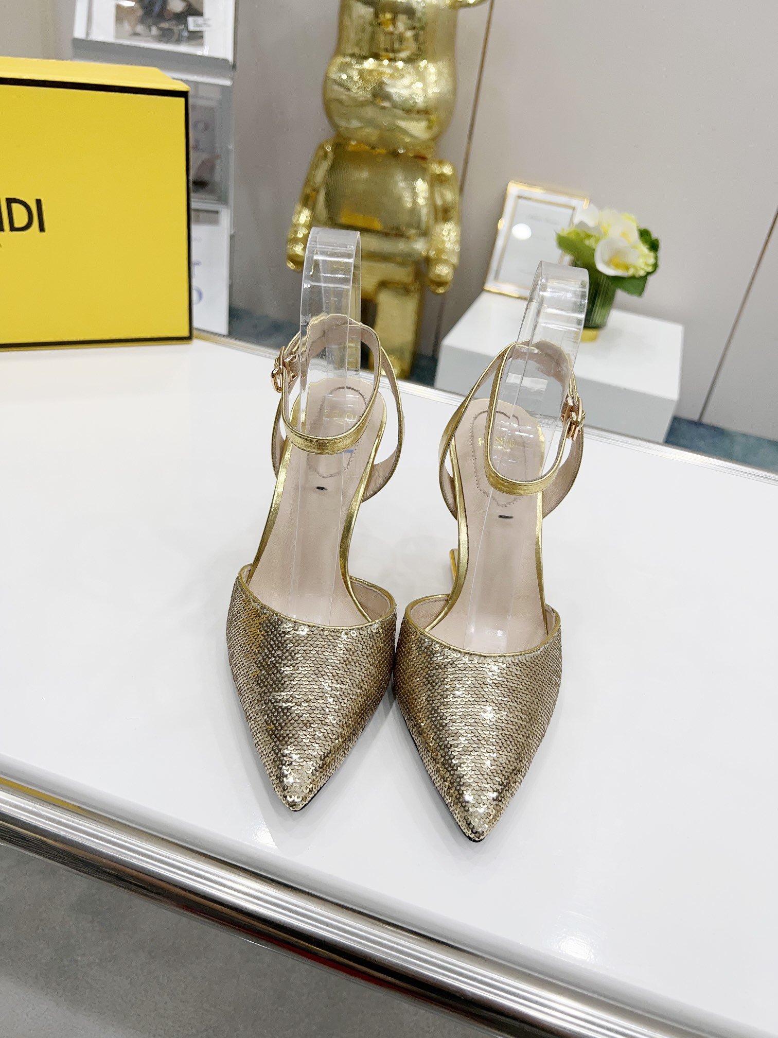 F**di First Gold Glitter High-Heeled Slingbacks For Women