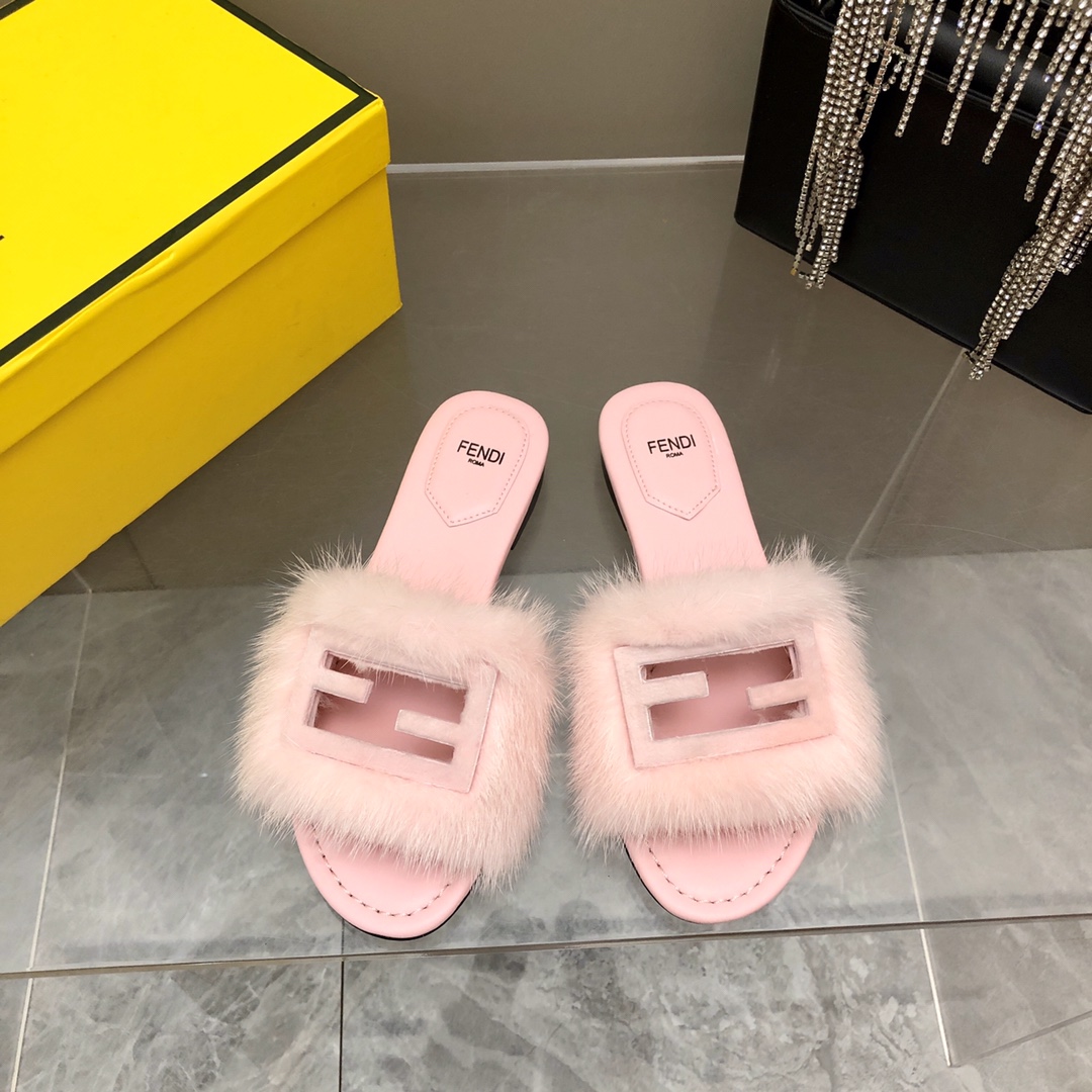 F**di Signature Pink Mink Slides For Women