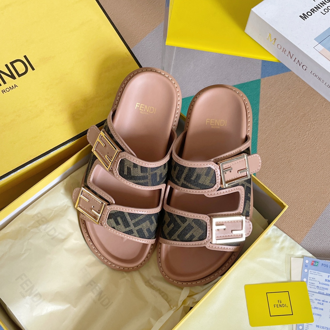 F**di Feel Brown FF Fabric Slides For Women 8X8326AEGVF1HHG