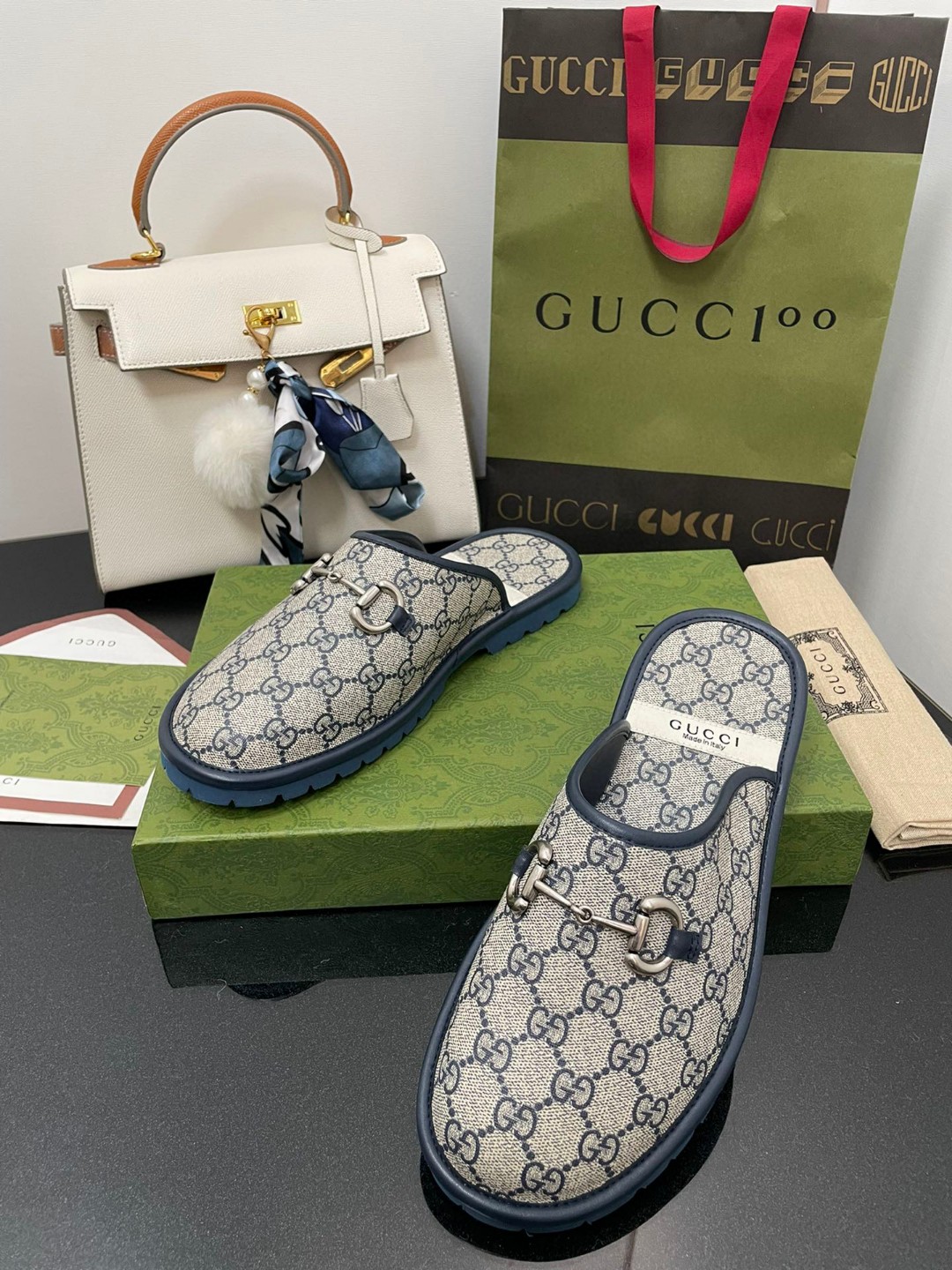 Gvc*1 Men’s GG Slipper With Horsebit Blue For Men GG Shoes ‎694249 96G60 4073